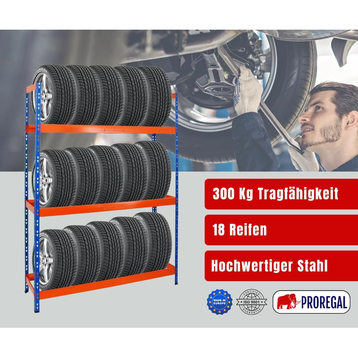 Стелаж для шин PROREGAL Tiger XL: 200x150x45 см, 300 кг навантаження, до 18 шин (205/55 R16), блакитно-помаранчевий | Стелаж для автосервісу, складу, підвалу