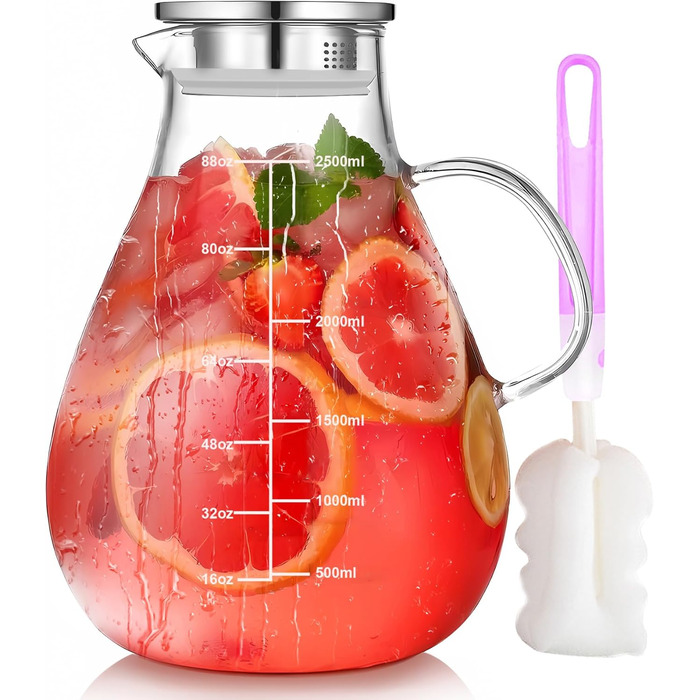 Скляна карафа з кришкою, 2500 мл, термостійке боросилікатне скло, з ситечком, для напоїв, чаю, кави, вина, молока, з щіткою для чищення