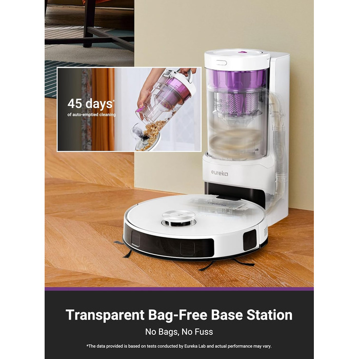 Робот-пилосос EUREKA E20 Plus з самостійною станцією спустошення, 8000Pa, функція миття підлоги, 45 днів автономної роботи, захист від заплутування волосся, AI 3D уникнення перешкод, підходить для світлих підлог