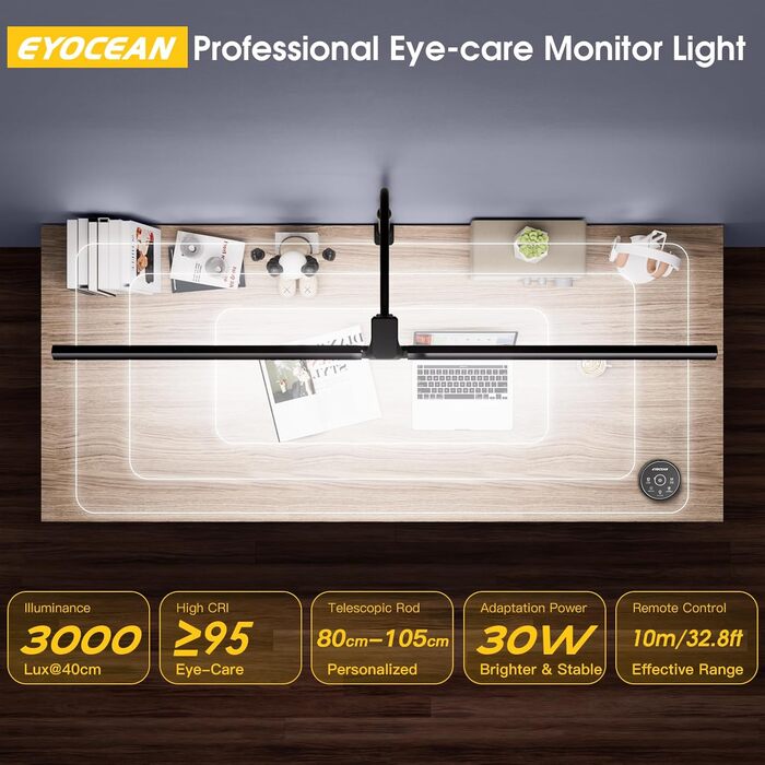 LED лампа настільна EYOCEAN 24W, 80см з жестами, диммування, захист очей для офісу, читання, архітекторів, дизайнерів (чорна)