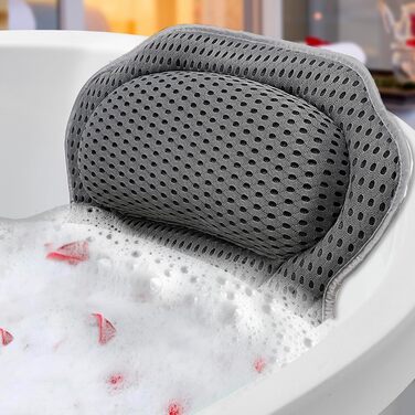 Подушка для ванни з піни memory foam, антиковзка, для шиї та спини, 4D вентиляція, 6 присосок, сіро-метеликовий колір