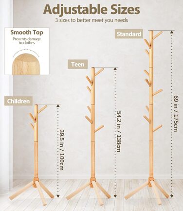 Підставка для одягу з бука, 9 гачків, 3 рівня висоти, білий колір, дерев'яна
