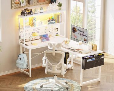 Ігровий стіл Coleshome L-подібної форми з LED підсвічуванням та розетками, 115x80 см. Реверсивний стіл з полицями для зберігання, ігровий кутовий стіл з сумкою для дому та геймінгу.