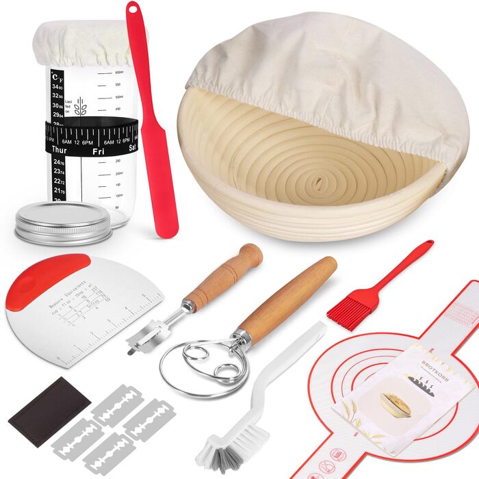 Набір для приготування закваски SHANNA: 9 предметів для випікання хліба, включаючи корзину для бродіння, скляну банку для закваски, скребок для тіста та інші аксесуари