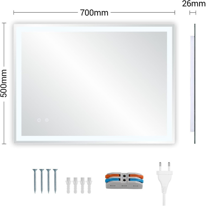 Дзеркало для ванної кімнати з підсвічуванням 80x60 см, LED, 3 кольори світла, диммування, захисне скло, сенсорне управління, функція пам'яті, антизапар, дзеркало для ванної кімнати з LED-підсвічуванням