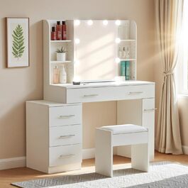 Дзеркальний туалетний столик Thanaddo з підсвічуванням та пуфом, 100×40×136 см. 6 шухляд, відкриті полиці, сучасний дизайн для спальні (білий)