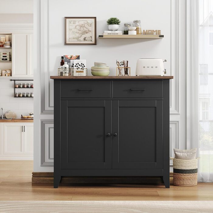 Кухонна шафа HOCSOK з робочою поверхнею, буфет з 2 шухлядами та 2 дверцятами, для кухні, вітальні, їдальні, передпокою, дерево, стиль кантрі, білий (чорний)