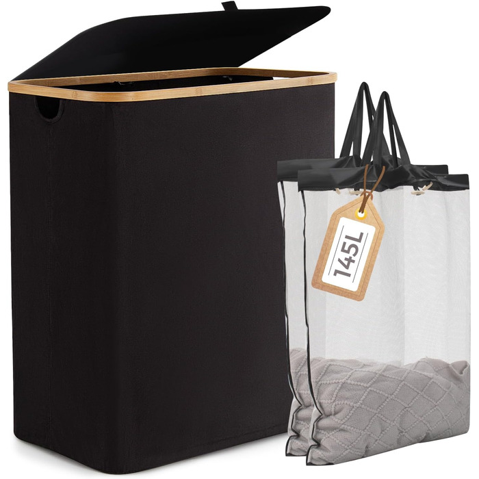 Кошик для білизни Rieeyrslza з кришкою 158 л з бамбука з 2 знімними мішками для білизни, Oxford, складний, для сортування, багатофункціональний, для ковдр та одягу (сірий) (чорний 145л)