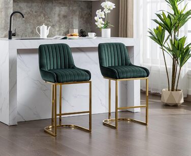 Набір з 2 барних стільців з велюру з золотистими ніжками, з підлокітниками та спинкою для кухонного острова/домашнього бару (зелений)
