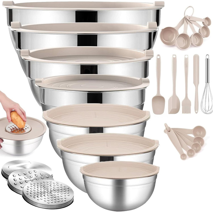 Набір місок для перемішування з кришками, 26 предметів, нержавіюча сталь, 3 тертки, міски для кухні, випічки, холодильника, зберігання продуктів, органайзер, 7 розмірів (Хакі)