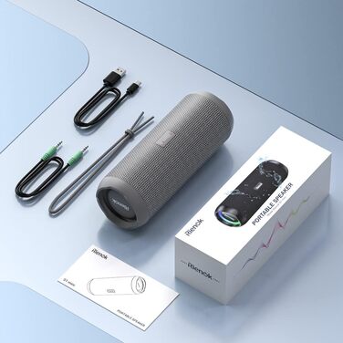 Портативна Bluetooth колонка RIENOK з підсвіткою, IPX7, 3600 mAh, баси, стерео звук (Сірий)