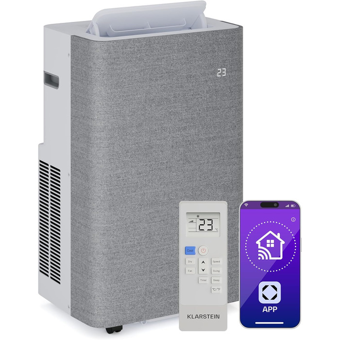 Klarstein AireLux: Мобільний кондиціонер 14000 BTU, для приміщень до 51 м², з керуванням через додаток та голосовим управлінням, 4-в-1 (охолодження, осушувач, вентилятор, нічний режим), тихий, сірий