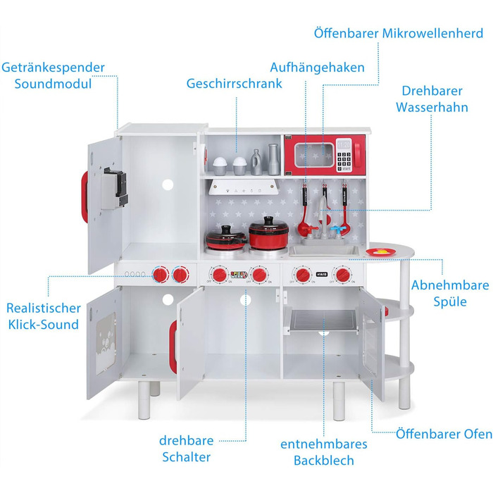 Дитяча кухня Spielwerk зі звуком, дерево, аксесуари, духовка, регулювання висоти, годинник, 38 шт.