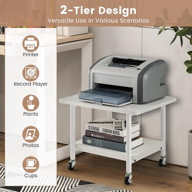 Стіл для принтера HOMASIS з 2 ящиками, стійка для принтера з 4 колесами та 2 гальмами, вантажопідйомність 55 кг, для офісу та дому (білий)