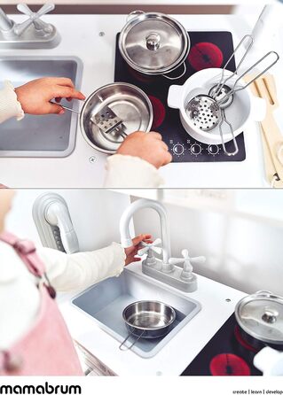 Дитяча дерев'яна кухня Mamabrum з LED-підсвічуванням. Регульована висота, набір з аксесуарами (крижанка, мікрохвильова піч, плита, посудомийна машина). Іграшка для дітей від 3 років (кухня для хлопчиків та дівчаток, білий колір)