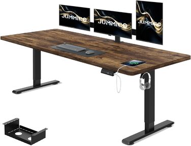Регульований стіл JUMMICO 140x70 см з кабельною масою, електричний, з USB, комп'ютерний, ергономічний, для офісу, вінтажний коричневий