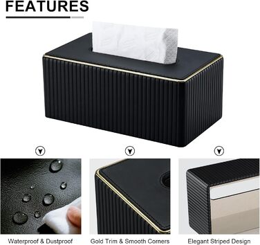 KINGFOM Склянка для серветок з золотим оздобленням, шкіра PU, чорна, прямокутна | Склянка для серветок у вітальню, ванну кімнату, офіс