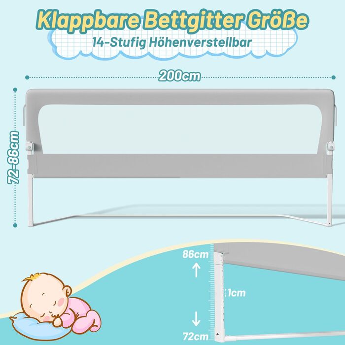 Бортик для ліжка дитячого 200 см, сірий, складаний на 180 градусів, регульована висота 72-86 см, з ременями кріплення