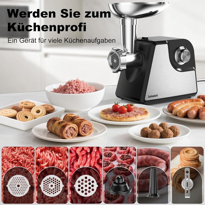 Електрична м'ясоподрібнювач Fleischwolf Juissiart: подрібнювач, фарш, ковбасний насадка, нержавіюча сталь, 3 диски, для кеббе, універсальний