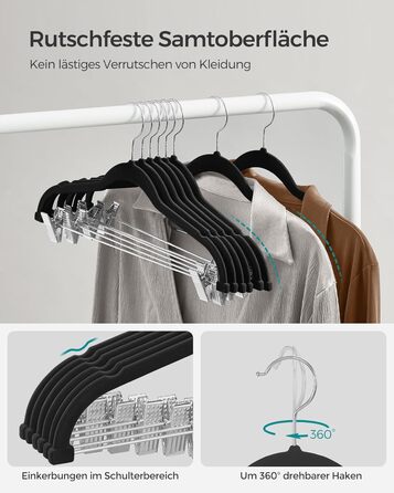 Набір вішалок SONGMICS з оксамитовим покриттям, 20 шт., для штанів, пальто, суконь, чорний.