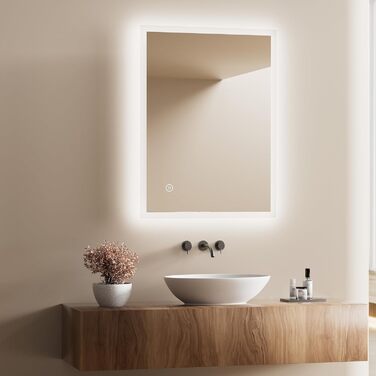 Дзеркало для ванної кімнати з підсвічуванням LED, 70x50 см, регульоване світло 6500K, сенсорне керування, вертикальна/горизонтальна установка