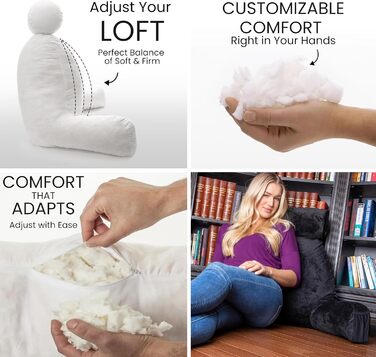 Подушка для чоловіків - сіра, велика, з підлокітниками для читання та відпочинку в ліжку - висока спинка з преміум-піною Memory, знімний валик для шиї на Bungee - середній розмір, оригінальна версія, чорний колір