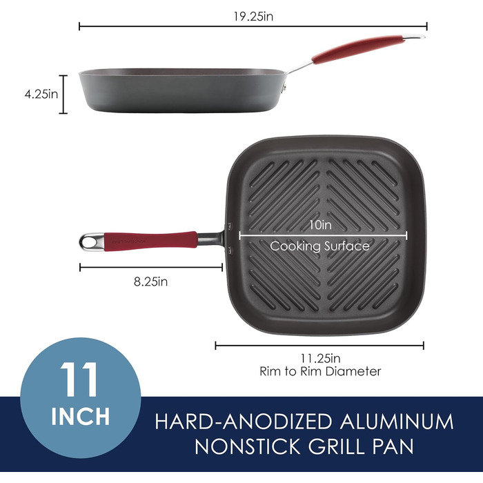 Сковорода-гриль Rachael Ray Cucina, квадратна, 28 см, з антипригарним покриттям, сіра з червоними ручками