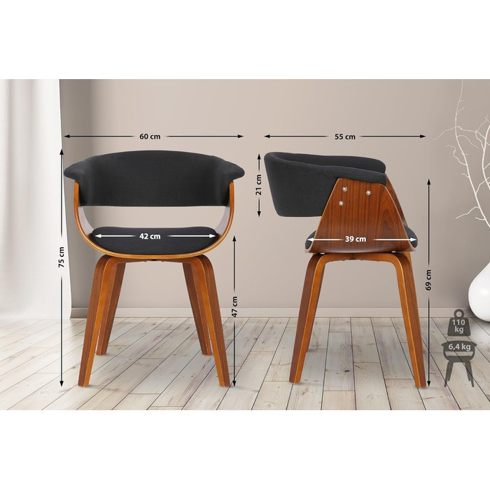 Стільці для їдальні CLP Bruce з тканинним покриттям, дерев'яним каркасом, чорного кольору для їдальні або кухні | Крісло витримує до 150 кг, колір: каркас - горіх, тканина - чорний