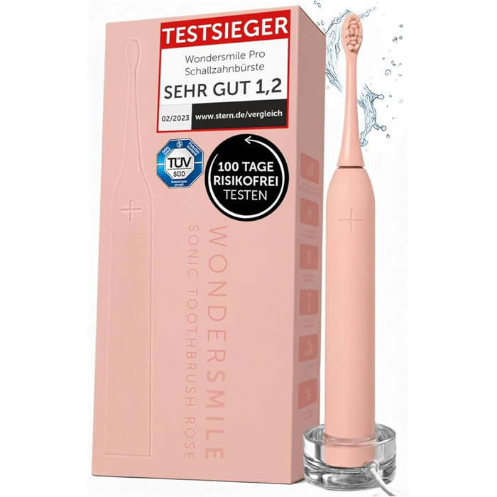 Електрична зубна щітка Wondersmile PRO - Тест-переможець 2025, 100 днів без ризику, TÜV-сертифікована, 4 режими, акумулятор 60 днів, розумна насадка, 1 шт. (Atomic Rose)
