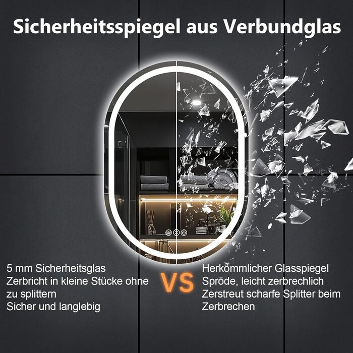 Дзеркало для ванної кімнати Trintion з підсвічуванням, овальне, 50x70 см, з годинником та сенсорним вимикачем, протизапотівальне, регульоване, 3 кольори світла (3500K-6500K)