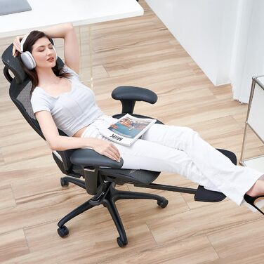 Органічний офісний крісло COLAMY з підніжкою, 3D підлокітниками, підголівником, підтримкою попереку та дихаючою сіткою - для офісу та дому, чорний