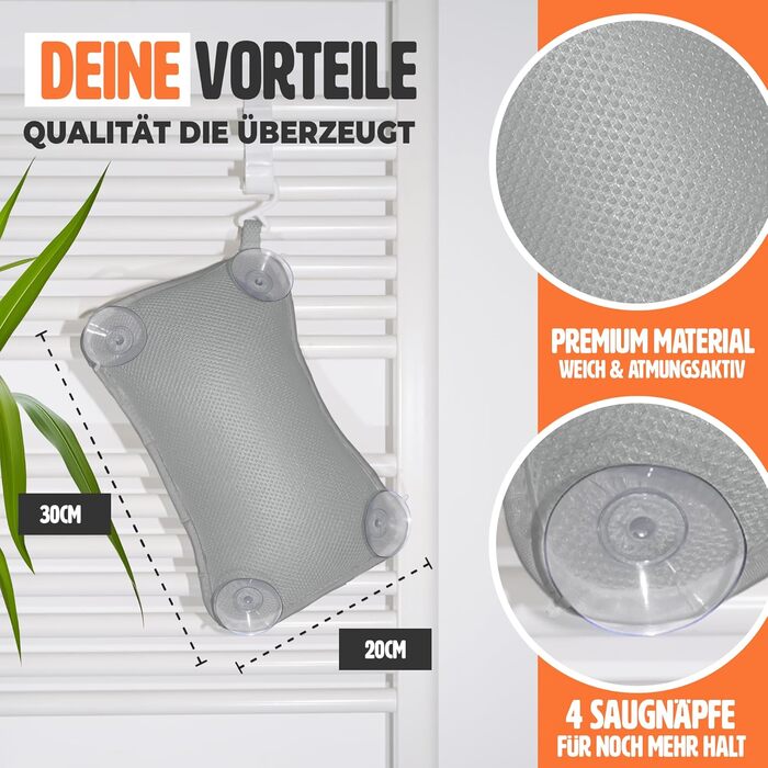 Подушка для ванни сірого кольору – преміум якість, 4 надміцні присоски, ергономічна форма для шиї та спини, інтегрований гачок