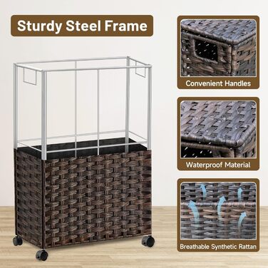 Кошик для білизни 70L з кришкою та колесами, коричневий. Знімні мішки для білизни та сортування