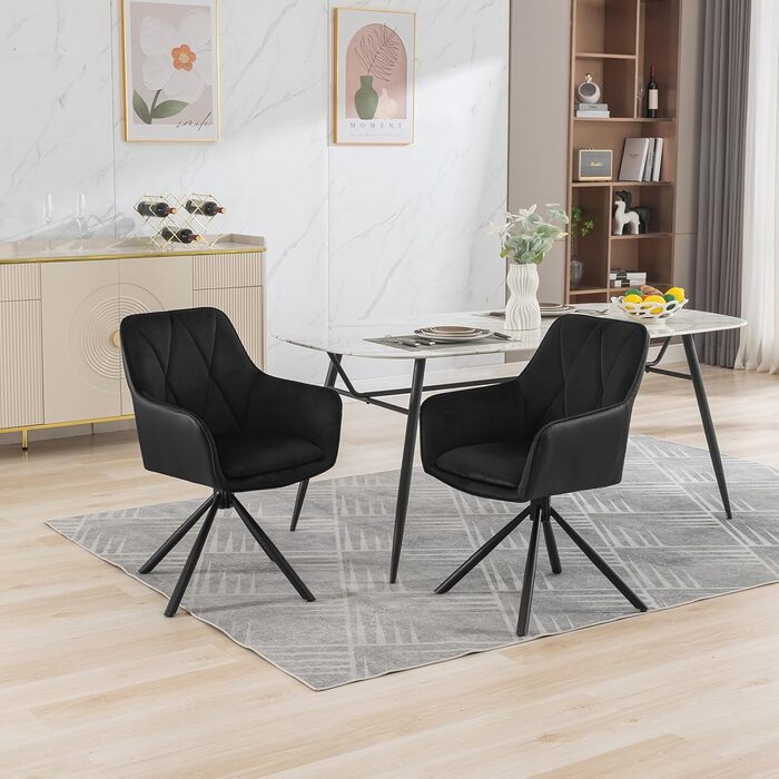 Обідні стільці Lestarain, поворотні, для кухні, спальні, вітальні, комплект з 4 шт. М'які, з підлокітниками та спинкою, на металевих ніжках, оксамит, чорний колір