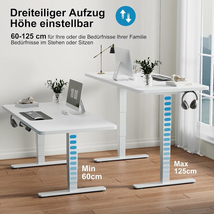 Електричний столовий стіл Devoko з регулюванням висоти, 60-125 см, 3 пам'яті, білий