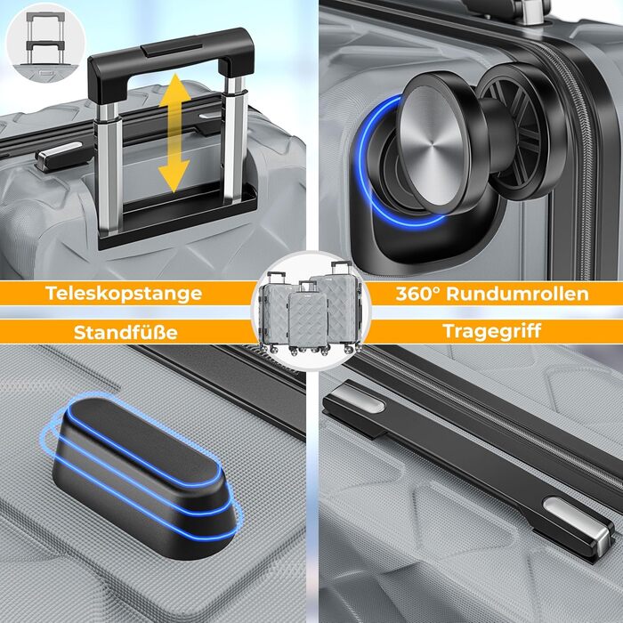 Набір валіз KESSER® 3 шт. | Валізи з ABS, з кодовим замком, ваговою шалькою та органайзером для документів | 360° колеса | Ручна поклажа та великі валізи для подорожей та бізнесу | Сірий колір