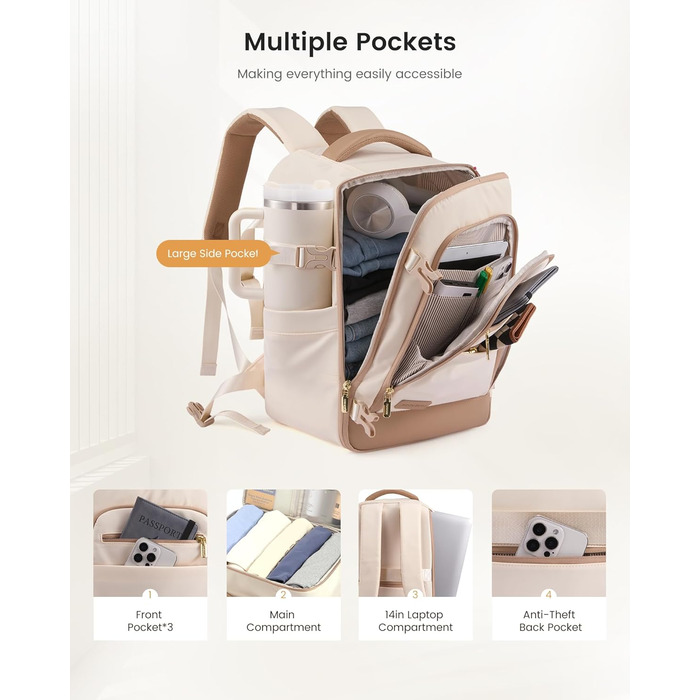 Рюкзак LOVEVOOK для ручної поклажі Ryanair, 40x20x25 см, 20L, бежевий/хакі. Підходить під вимоги авіакомпанії, для ноутбука, під сидіння літака