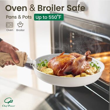 Набір кухонного посуду Chef Power Keramik, 19 частин: сковорідки та каструлі з антипригарним покриттям, без PFOA, PTFE, PFAS, для індукційних плит, сумісний з духовкою, миється в посудомийній машині, кремово-білий (Granite Grey & Cream White)