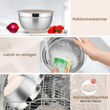 Набір мисок Onader (6 шт) з нержавіючої сталі з кришками та тертками для кухні, 4.6/2.8/2.5/1.6/1.2/0.7 л, стакові та придатні для миття в посудомийній машині, бежевий колір