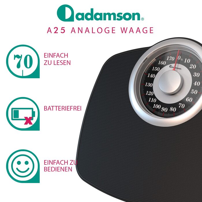 Аналогові ваги Adamson A25 - НОВА версія - до 180 кг, нековзна гумова поверхня, дуже великі цифри, високоточні аналогові ваги для ванної кімнати, довговічні, 20-річна підтримка для дому, спальні, ванної кімнати Schwarz KG
