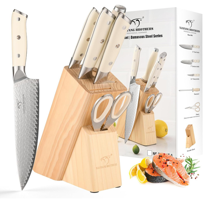 Набір кухонних ножів NANFANG BROTHERS Profimesser Damaskus 5 шт. з дерев'яним блоком. Ножі з дамаської сталі, кухонні та для приготування їжі.