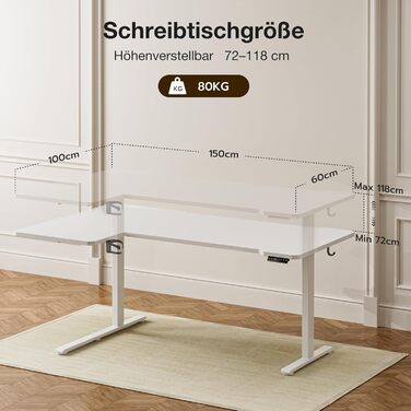 Кутовий стіл з регулюванням висоти 150x100 см, електричний, ергономічний, білий. З підстаканниками та гачками.