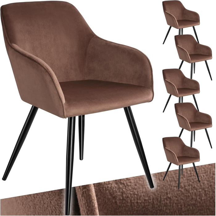 Крісло Tectake® для вітальні та обідньої кімнати з підлокітниками, м'яке крісло з оксамитовою подушкою, коричнево-чорне (6 шт. в наборі)