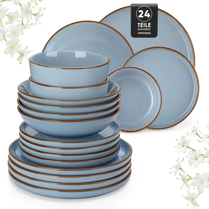 Набір посуду Steingut vancasso LOIRE 24тг. для 6 осіб: тарілки, супові тарілки, десертні тарілки, миски. Сучасний блакитний дизайн, безпечний для мікрохвильовки та посудомийної машини.