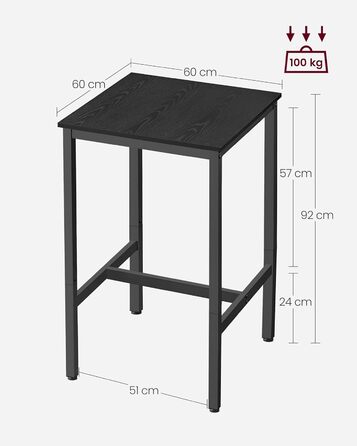 Високий стіл, барний стіл, квадратний, сталевий каркас, 60 x 60 x 92 см, легка збірка, для кухні, вітальні, індустріальний стиль, сільський коричневий і чорний LBT25 шт. (чорне дерево чорне)