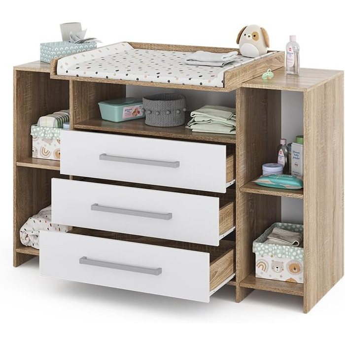 Комод-ліжечко Vicco Oskar з пеленальним столиком, сірий, 143 x 100 см XL з шухлядами білий/сірий (білий/сонома)