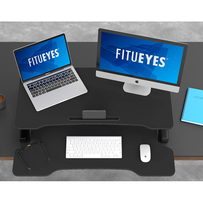 Стіл-підставка FITUEYES для комп'ютера, регульований по висоті, з полицею для клавіатури, 92×40 см, для двох моніторів, чорний