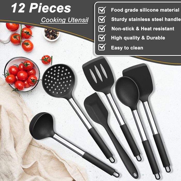 Набір кухонного приладдя Herogo, 12 шт. Силіконові кухонні інструменти з нержавіючою сталею, стійкі до високих температур, лопатки, ложки, шпателі з підставкою, легко миються - Чорний