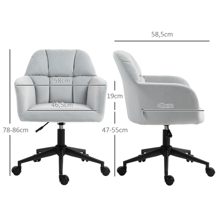 Крісло HOMCOM Swivel регульоване по висоті сучасне для вітальні та офісу, стілець-стілець з підлокітниками в оксамитовому стилі до 120 кг, світло-сірий
