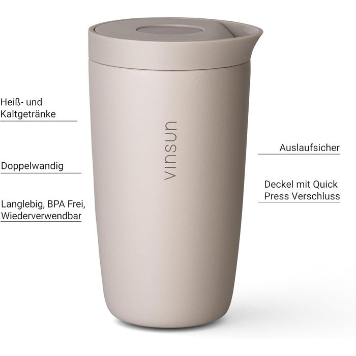 Термокружка VINSUN для кави з собою 350 мл, з подвійними стінками, з нержавіючої сталі, з герметичним клапаном, для гарячих та холодних напоїв, для автомобіля, університету, бежевий колір